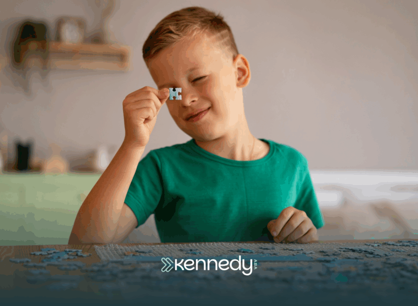 A kid with autism playing with puzzles on a table