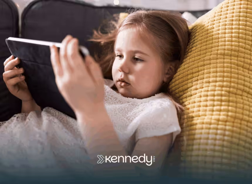 A child laying on a couch while using her mobile tablet