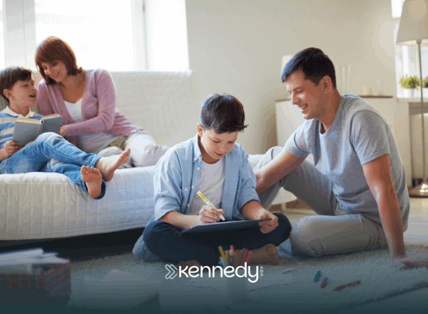A family of four bonding together in their living room