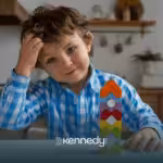 A kid with autism sitting on a table, playing with colorful blocks