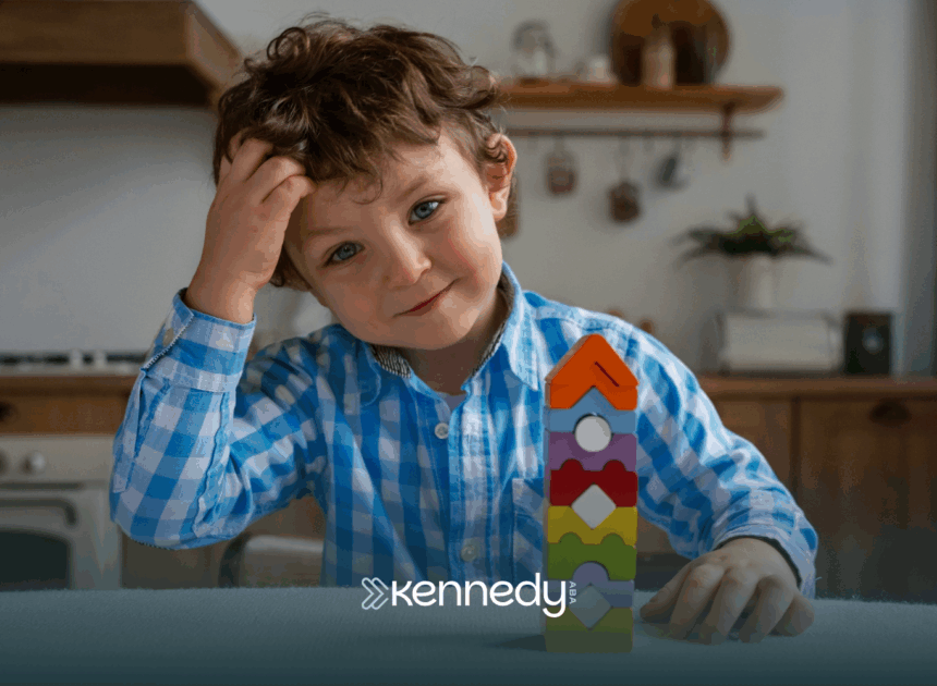 A kid with autism sitting on a table, playing with colorful blocks