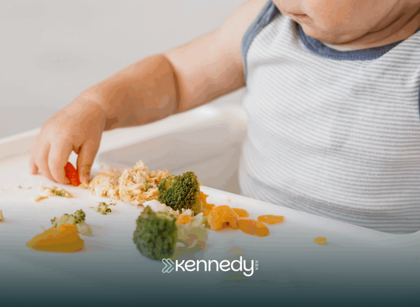 A child eating a variety of vegetables on a high chair