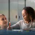 An RBT is helping a kid with autism write during ABA therapy