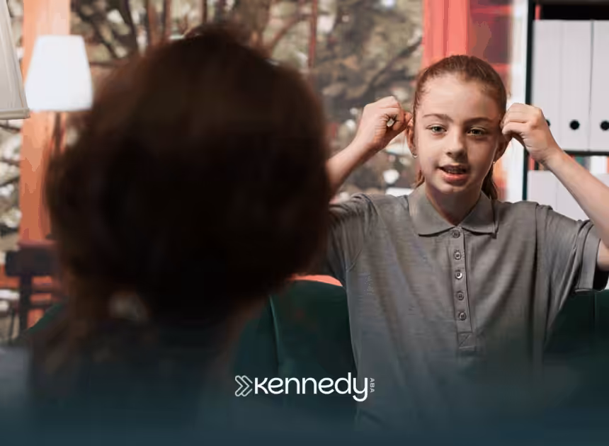 A kid explaining something to an ABA therapist