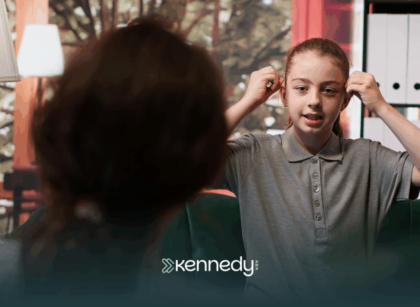 A kid explaining something to an ABA therapist