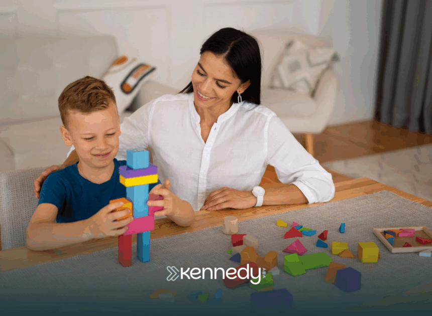 A kid with autism and his RBT during ABA therapy