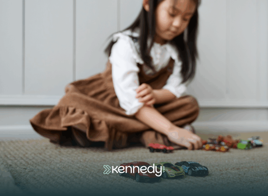 A kid with autism lining up her toy cars on a carpet