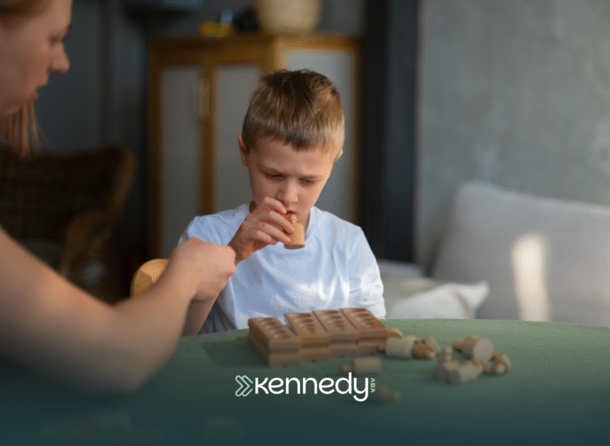 A kid with autism and an RBT during ABA therapy