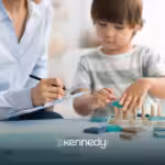 A child playing with educational toys beside an RBT who is taking notes during ABA therapy