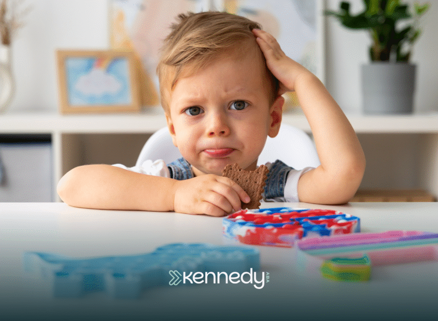 A kid holding a chocolate sitting at a table