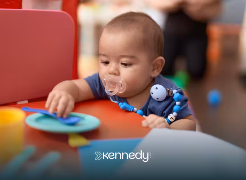 A toddler with a pacifier playing with toys