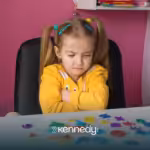 A child with autism sitting at a table looking upset