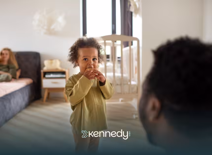 A kid standing in front of her parent in their living room