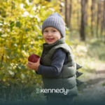 An autistic kid standing outdoors, holding an apple