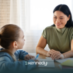 An ABA therapist talking to a girl during ABA therapy