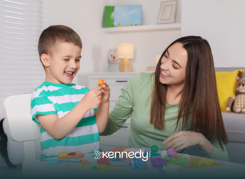 An ABA therapist and a kid with autism during home-based ABA therapy