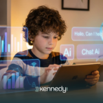 A kid using AI on a device